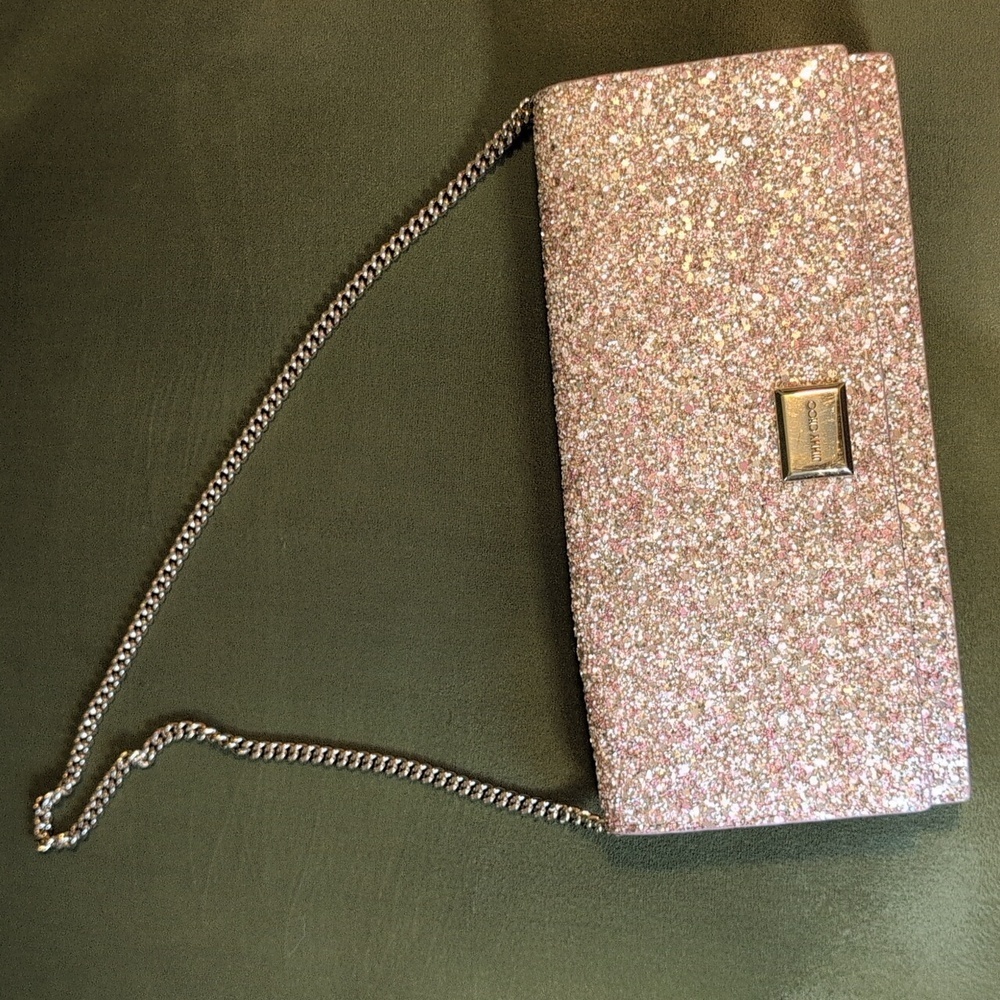 Jimmy Choo Lilia Pink Sparkle Glitter Crossbody Clutch with Gold Shoulder Strap - Picture 5 of 12